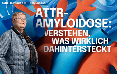 Gabi, eine Person, die mit ATTR-CM lebt. Überschrift lautet: Blicken Sie hinter die Oberfläche von ATTR